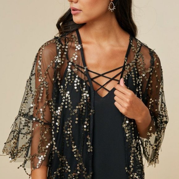 NEW HAYDEN SEQUIN cardigan cover up wrap BLACK or CHAMPANGE rocker party SM-3XL - Picture 3 of 8